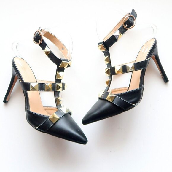 Nicole Miller Selty Black & Gold Pointy Toe Studded Heels / Pumps / Sandals 6.5 - Picture 1 of 16